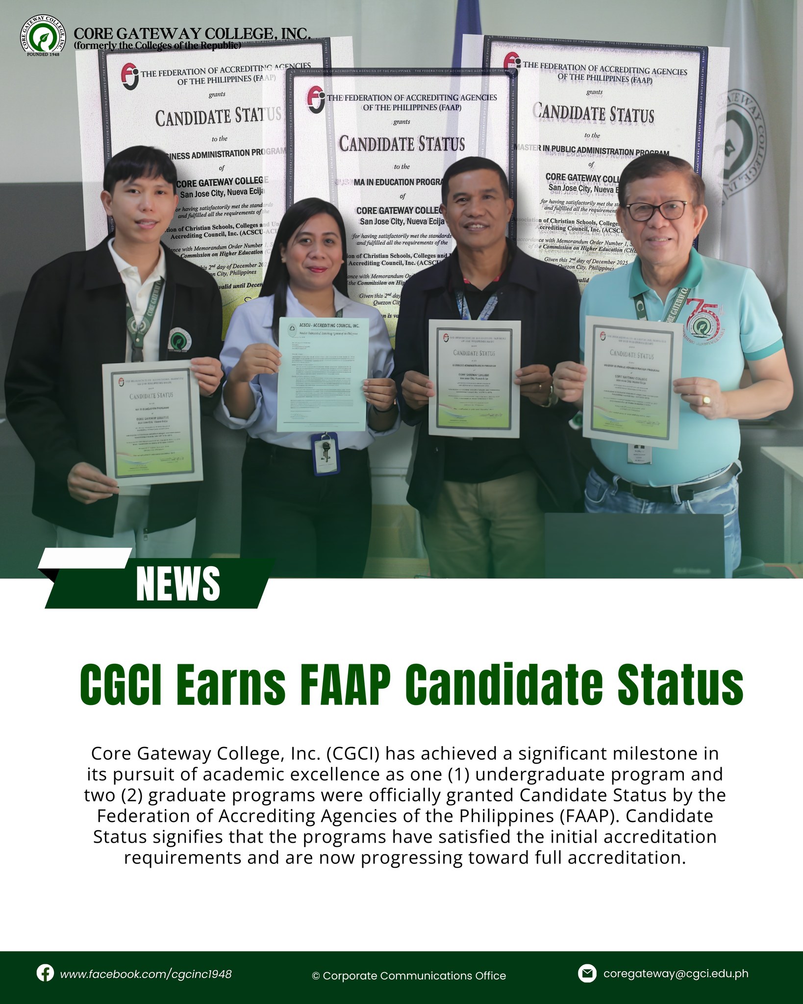 NEWS | CGCI EARNS FAAP CANDIDATE STATUS
